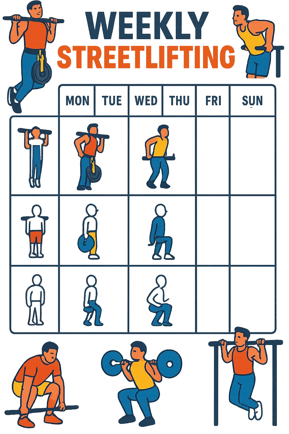 a streetlifting training sheet with icons for each exercise—weighted pull-ups, weighted dips, squats, muscle-ups—organized in a weekly schedule. Around the sheet, small illustrations show athletes performing each movement with proper form. The color palette is bold and energetic, and the background is clean and minimal. emoji