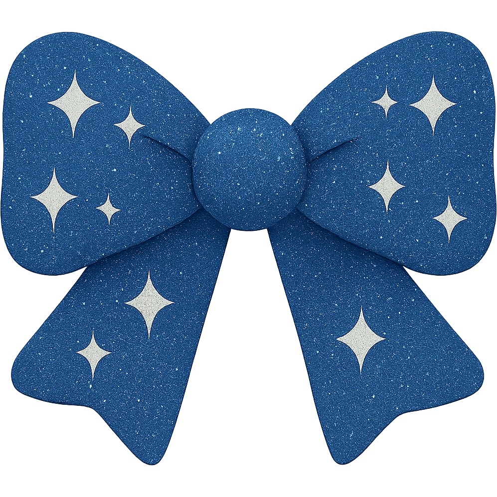 Make the glitter bow blue with shimmering texture, elegant and festive, no background. The style should highlight the shimmering and elegant texture with a festive blue color, keeping the bow refined and decorative. emoji