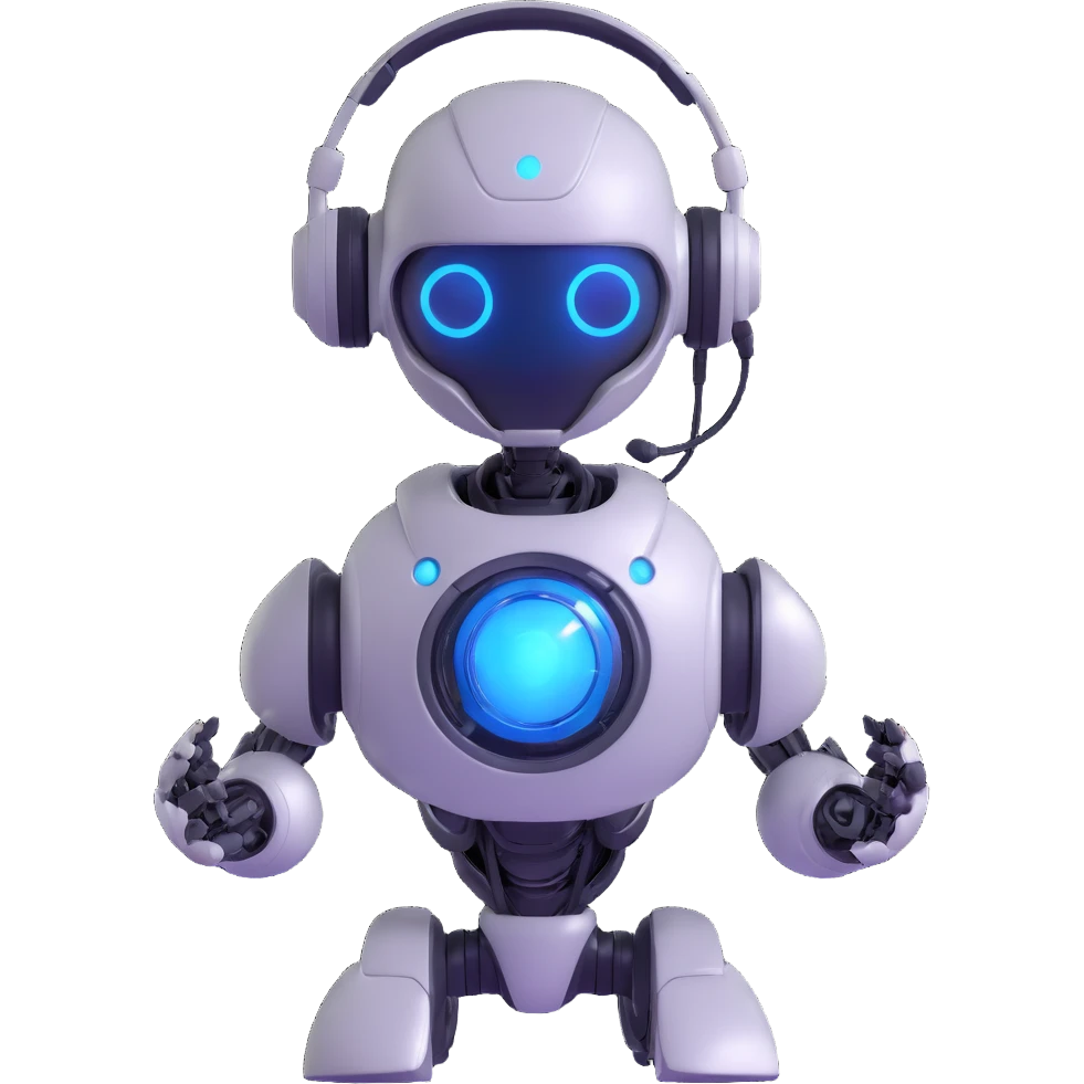 robot-like autonomous AI agent with metallic finish, glowing blue eyes, wearing headset, holding digital orb emoji