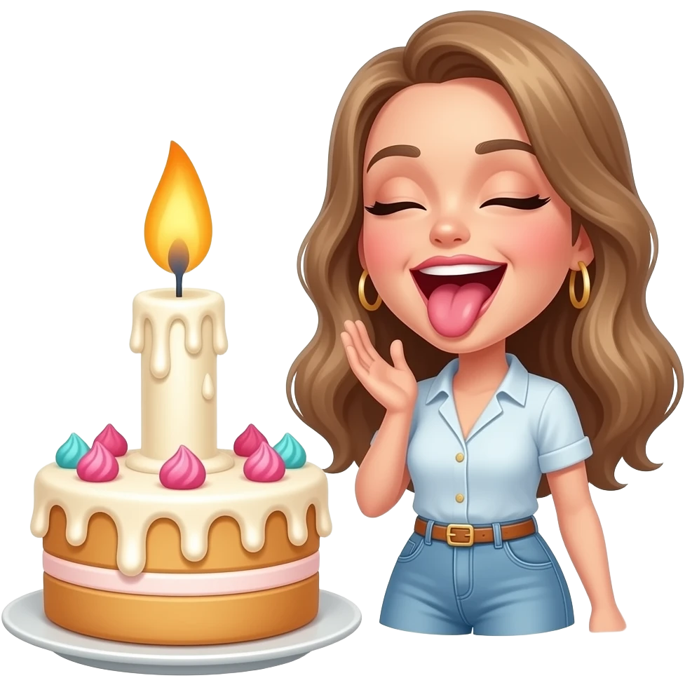 sexy girl mouth open sticking tongue out  with her eyes closed with a pleasure gesture   next to a  fat and giant single candle dripping a lot of  white wax on top of  a birthday cake emoji