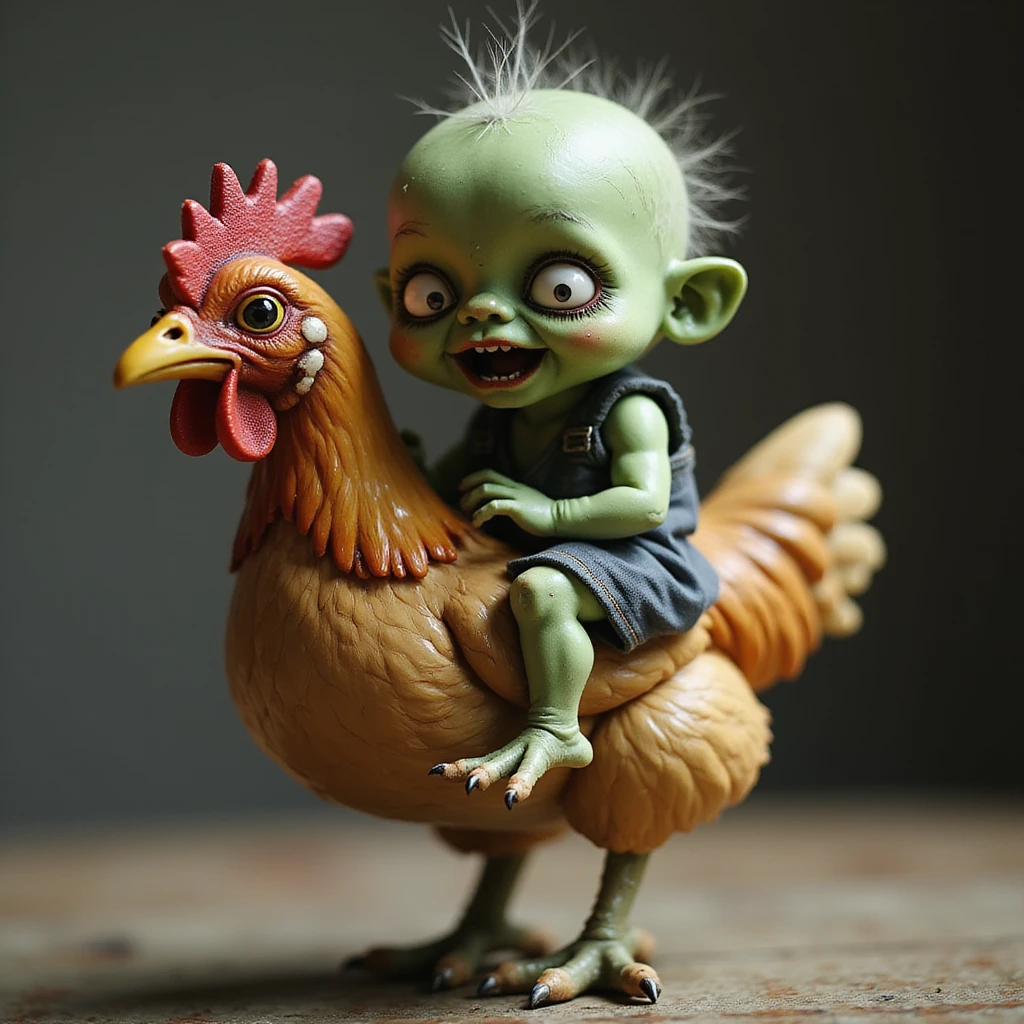 a realistic green baby zombie riding a chicken, lifelike, expressive, dynamic pose emoji