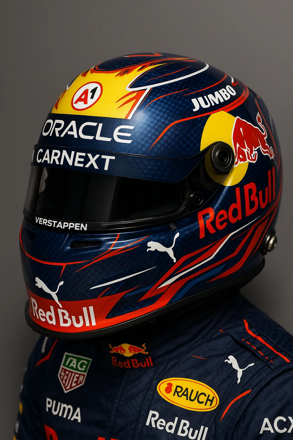 Formula 1 helmet inspired by Max Verstappen, with all sponsor logos and authentic color palette, realistic and dynamic, detailed motorsport helmet, professional look. emoji