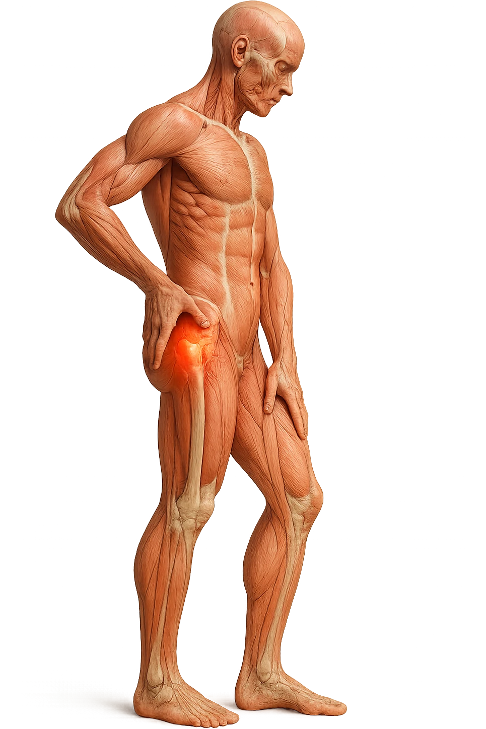 CORPO UMANO ANATOMICO DI PROFILO A FIGURA INTERA REALISTICO CHE SI TOCCA L'ANCA INFIAMMATA, DOLORE ALL'ANCA, IPERREALISTICO 4K emoji