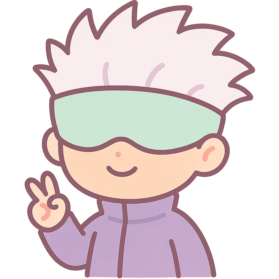 Satoru Gojo, iconic anime sorcerer, white hair, blindfold, confident pose, cute kawaii style emoji