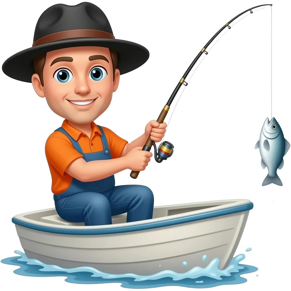 a guy on a fishing boat with a black hat and orange shirt holding a fishing rod and small fish emoji
