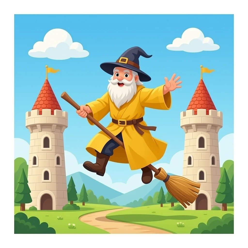 wizard in yellow robes crashing a broom into twin towers emoji