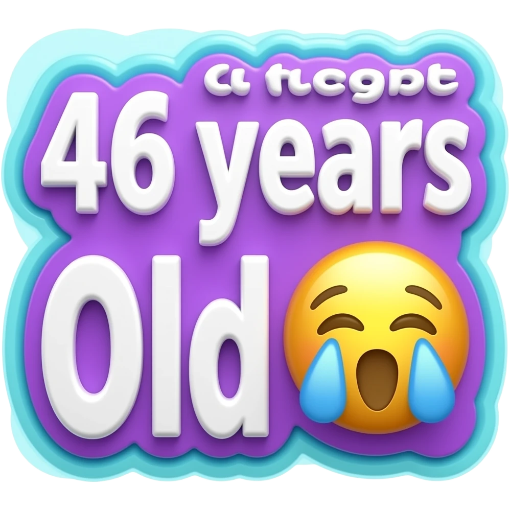 the words "46 years Old 😭 (crying emoji) in bright white girly typography 3D style lettering, with bold neon purple and turquoise color border around the typography letters, must appear 3D no background, high definition, 600 dpi, must be no emoji faces, no emoji icons, and no human figures emoji