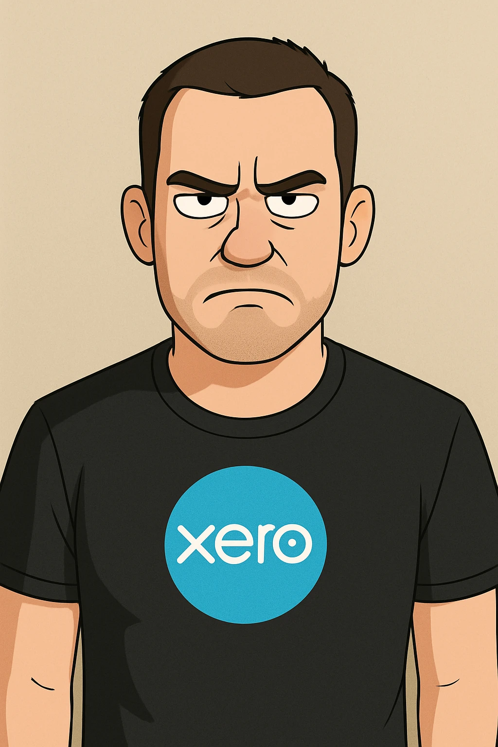 Create a cartoon style image of a man with short brown hair, wearing a black Xero t-shirt, with a not amused expression. Use a simple background. emoji