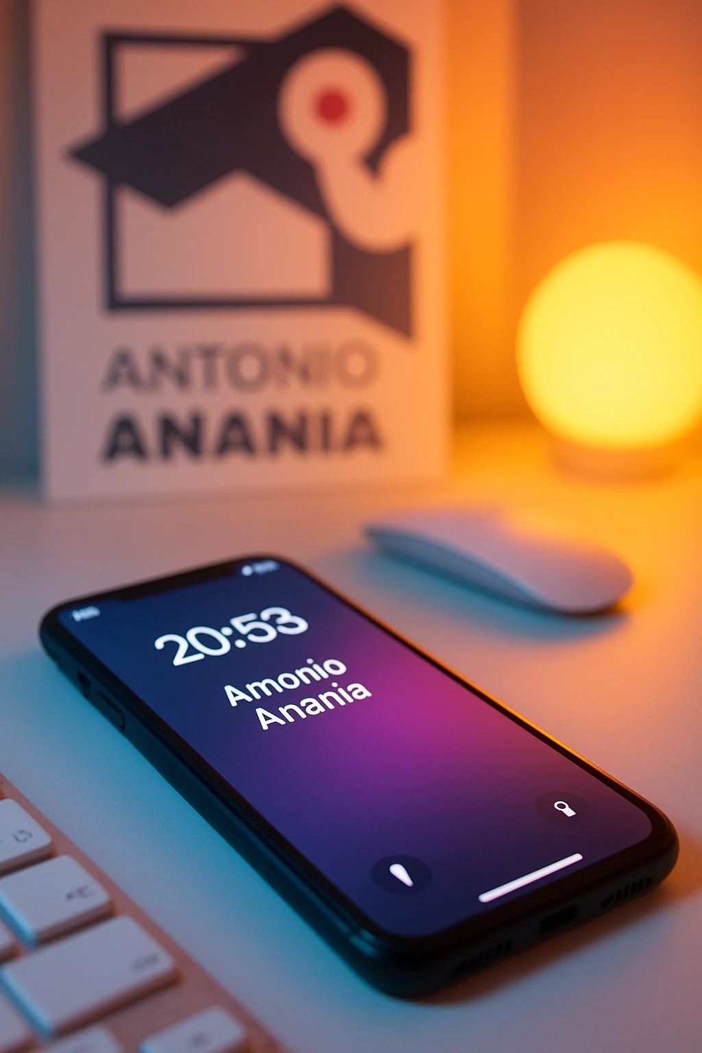 A photo of an iPhone on the desk with the message "Antonio Anania" on its screen, The phone sits atop a desk with a blurred with the logo in the background that suggests work environment. A faint glow from above casts gentle shadows across the surface of each object, creating depth and highlighting their textures emoji