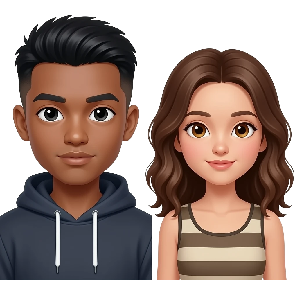 very dark skin, super hooded asain eyes, male, staight fade haircut, thick lips, soft flat nose, teenager, add a girl next to him make the girl,very tan with wavy hair and hazle eyes, make her tanner emoji