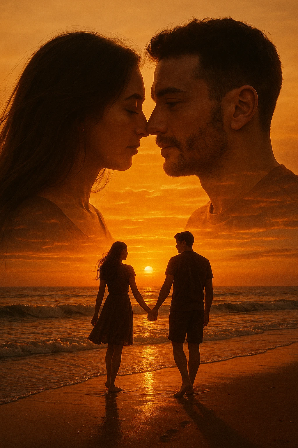 Una doppia esposizione cinematografica di noi di profilo, con un paesaggio di spiaggia al tramonto integrato nella silhouette.
La scena interna ci mostra entrambi camminare sulla sabbia bagnata, tenendoci per mano, con le onde del mare che si infrangono è facile e un cielo colorato dagli ultimi raggi di sole. Atmosfera calda e intima, toni dorati arancioni, dettagli fini ed espressivi, risoluzione 8K. emoji
