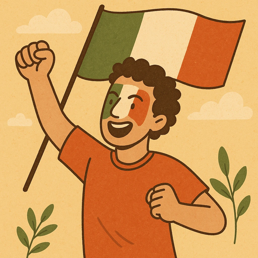 passionate football soccer fan waving Italian flag, face paint, energetic pose, lively style emoji