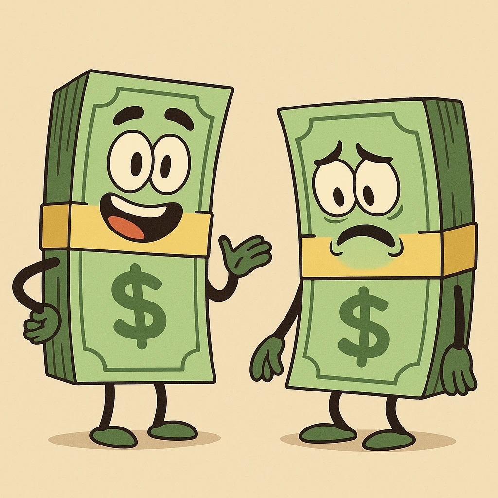 two cartoon money bundles, bright green, yellow bands, simple shading emoji