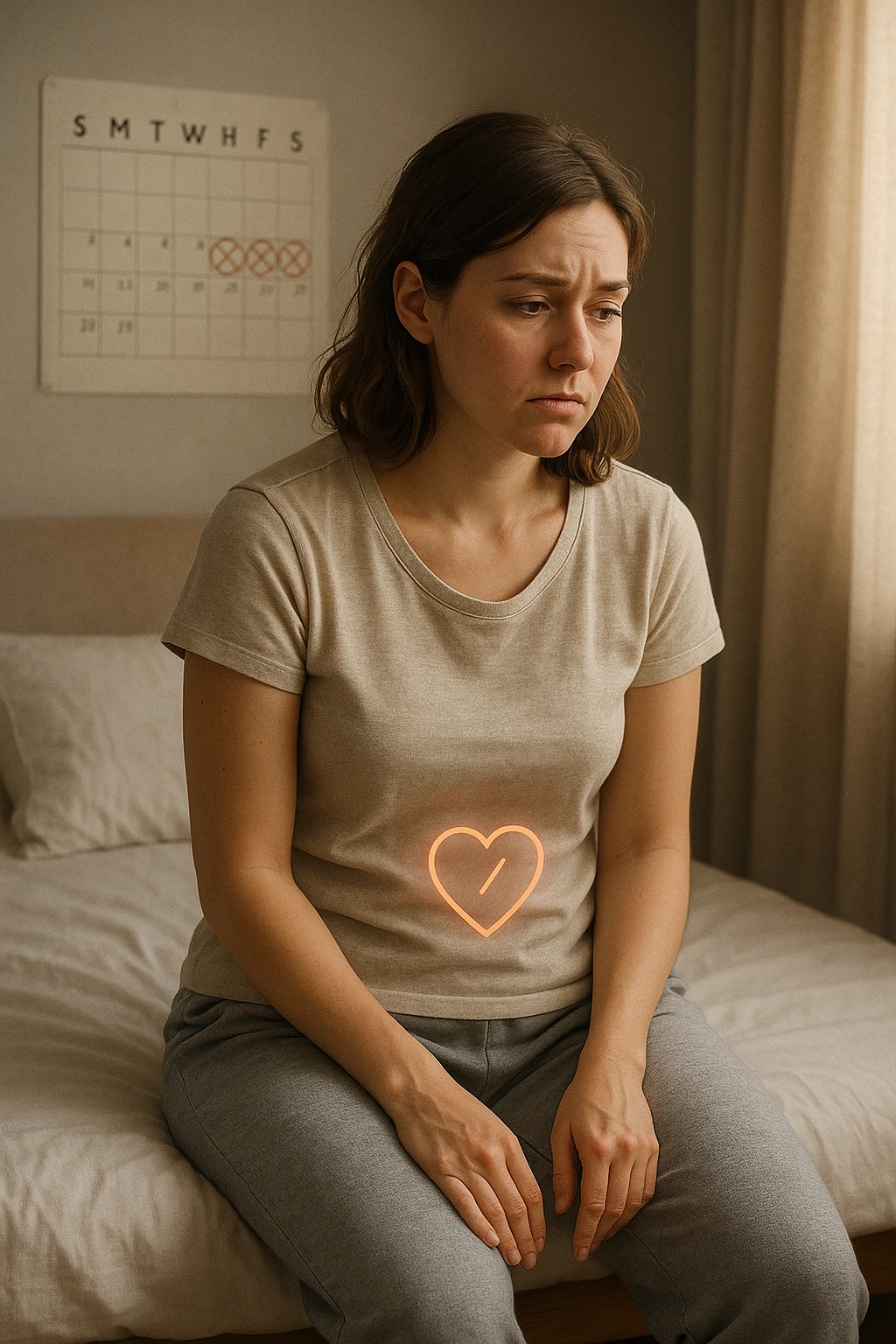 3D realistic medical illustration: a young woman in her 20s or 30s sits on the edge of a bed in a softly lit bedroom, looking thoughtful and slightly concerned. She wears comfortable loungewear, her posture is slouched, and her expression is subdued. Subtle visual cues—such as a faded calendar with missed menstrual cycles and a dimmed heart or energy icon near her abdomen—symbolize low libido and amenorrhea. The scene is realistic, intimate, and empathetic. emoji