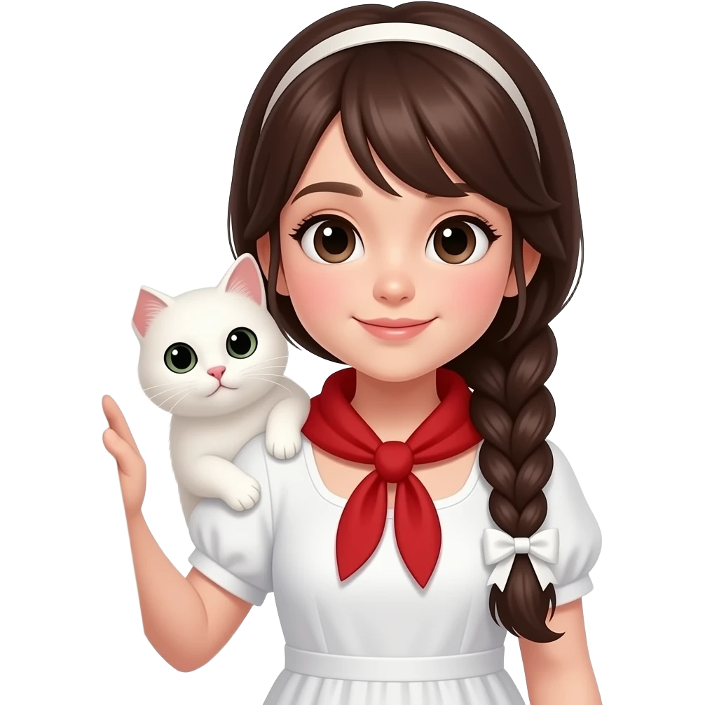 girl with long dark brown braid and bow, red scarf, white dress, holding white cat on shoulder, peekioong from behind , smooth glossy texture, soft lighting, kawaii style emoji emoji