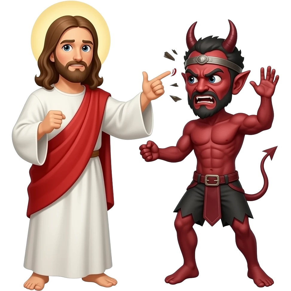 Jesus beats up Satan and wins with Satan looking defeated emoji