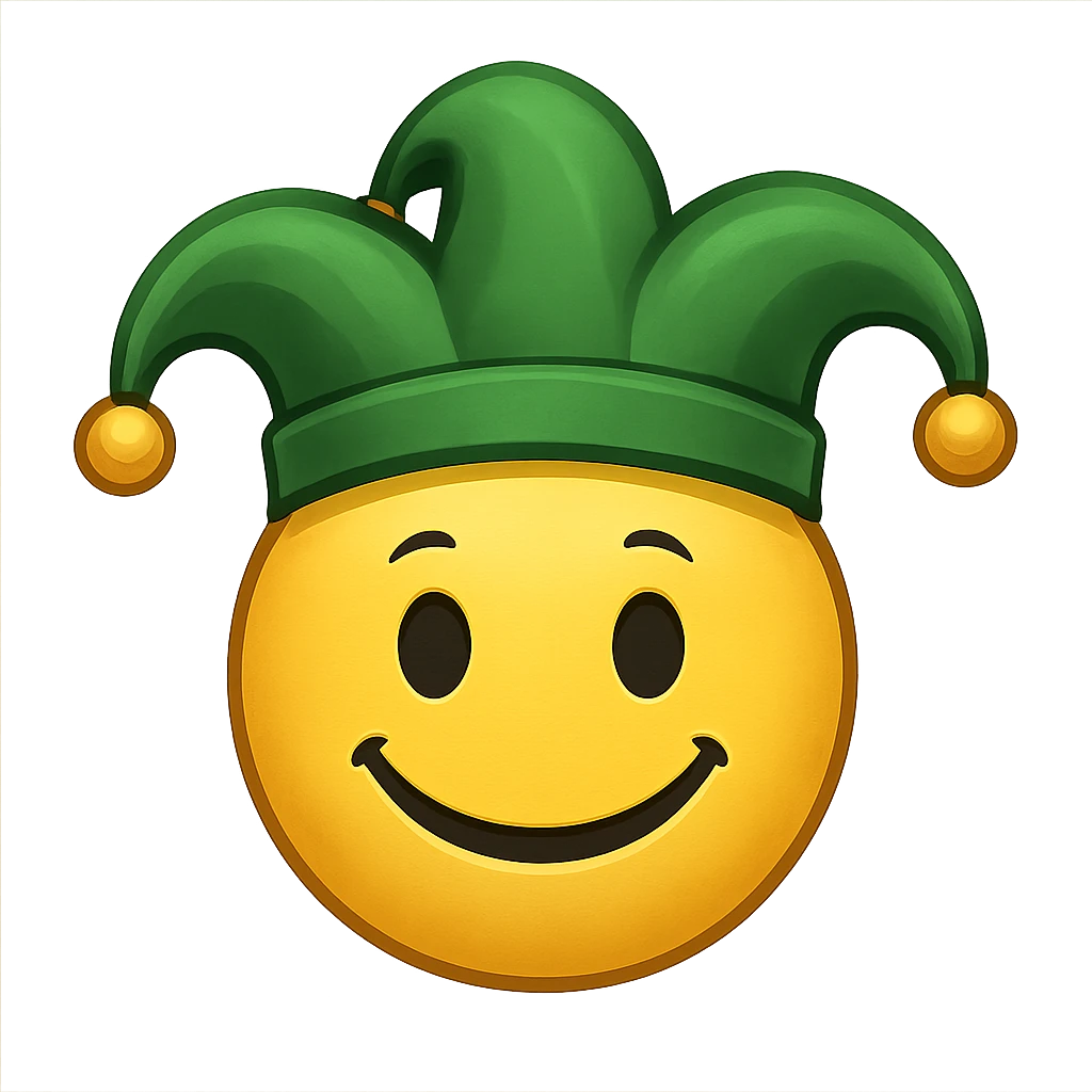 yellow face with green jester hat emoji, digital illustration emoji