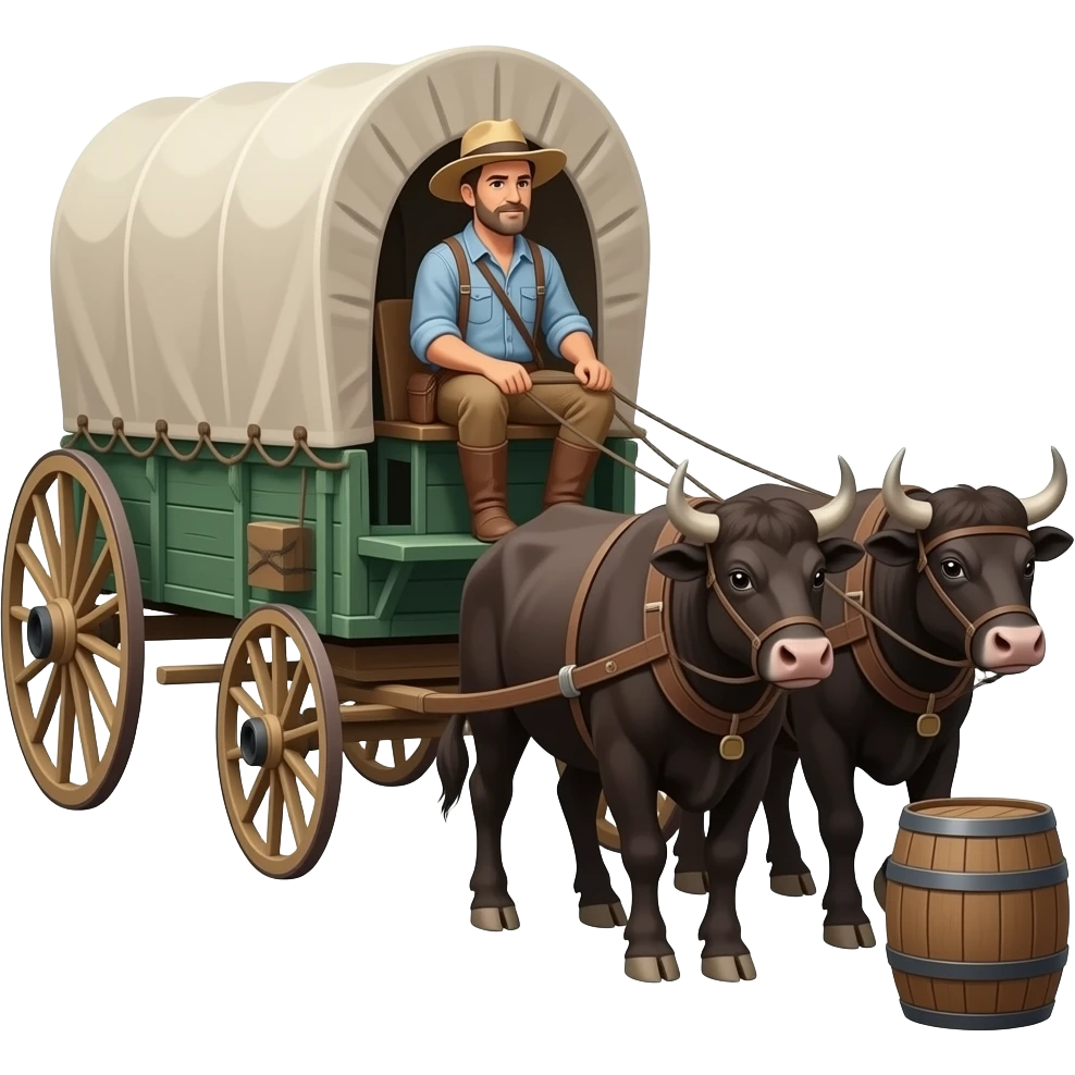 man sitting on seat of covered wagon and walking down the oregon trail with two oxen at the head of the wagon. The wagon is full of crats and barrels from the pioneer time. There are also barrels on the side. emoji