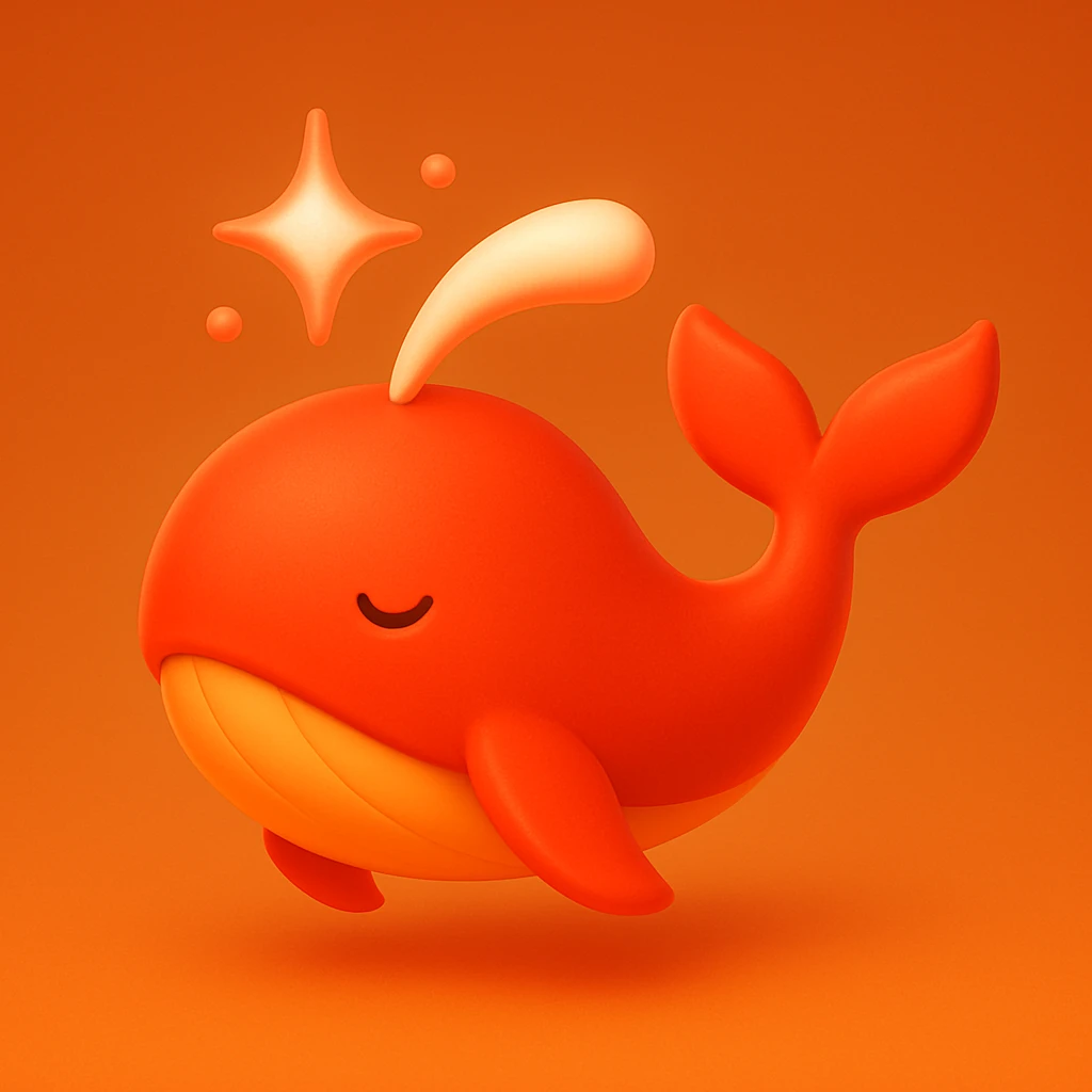 3D style magic whale with sparkles, red and orange colors emoji