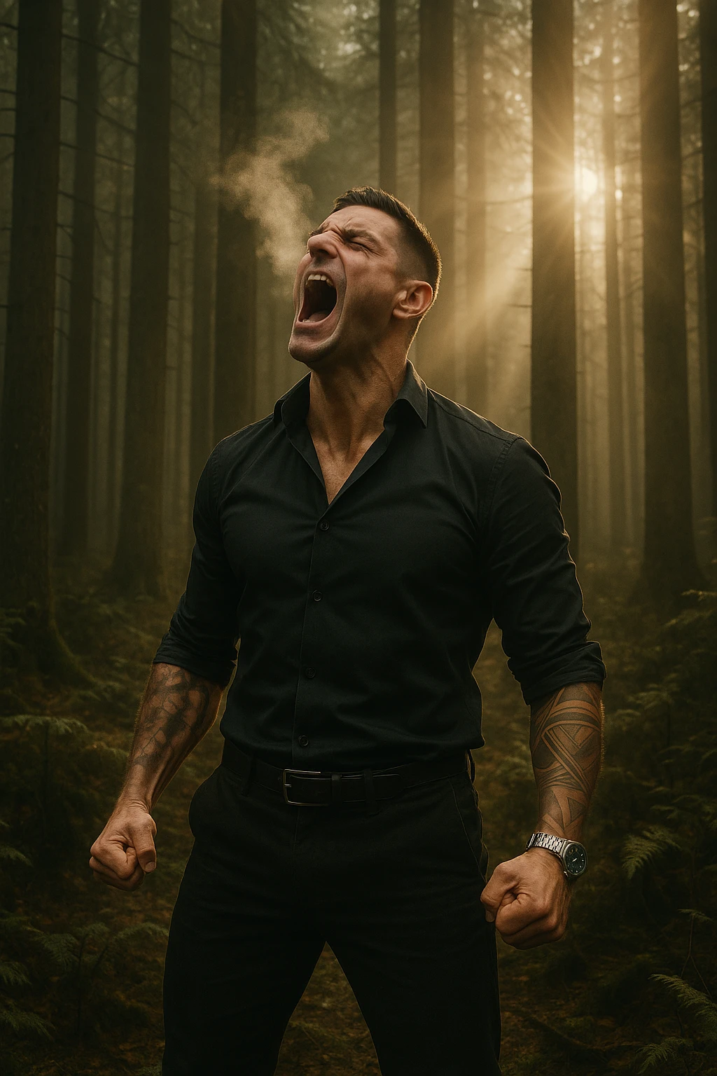A man screaming towards the sky in a forest, with visible breath vapor and light rays shining through the trees, symbolizing the release of deep tension and the reclaiming of inner peace through cathartic screaming breathwork emoji