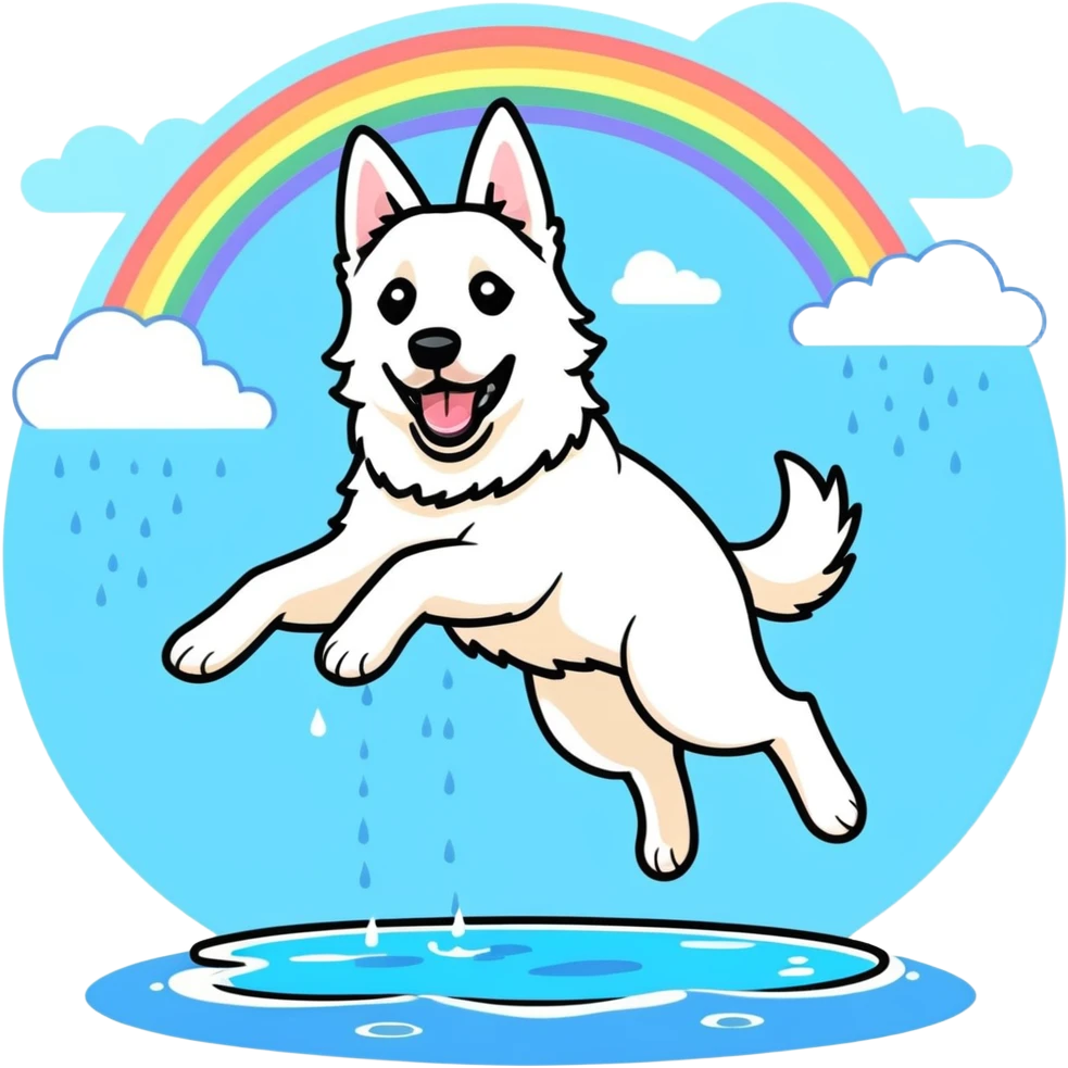 White belgian Shepard jumping over Rain puddles. There is a rainbow in the sky emoji