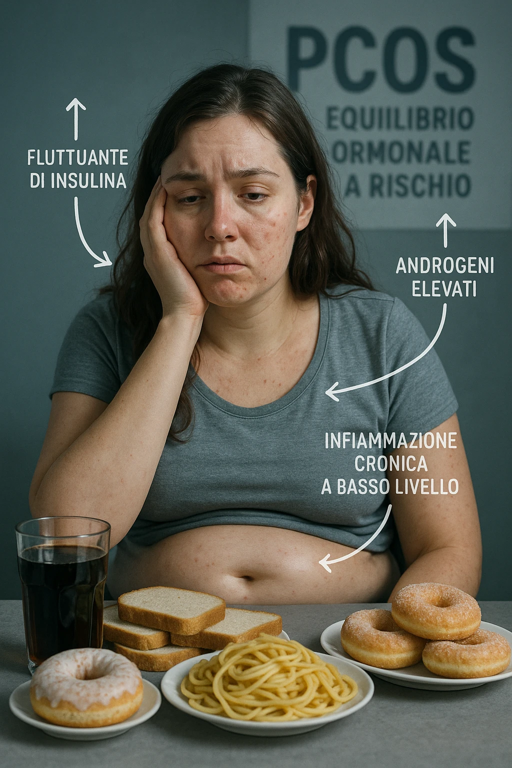 Donna tra i 25 e i 35 anni, seduta a tavola con un’espressione stanca e gonfia. Sul tavolo ci sono alimenti sbagliati per la sua condizione: dolci raffinati, pane bianco, pasta, bibite zuccherate. Intorno al suo corpo si vedono elementi simbolici che rappresentano gli effetti della PCOS peggiorata: insulina fluttuante, androgeni elevati, infiammazione bassa cronica. La sua pelle appare acneica, gonfiore addominale visibile, sguardo affaticato. Sullo sfondo, un cartello sfocato con scritto 'PCOS – equilibrio ormonale a rischio'. Stile realistico con elementi simbolici, toni freddi ma chiari emoji