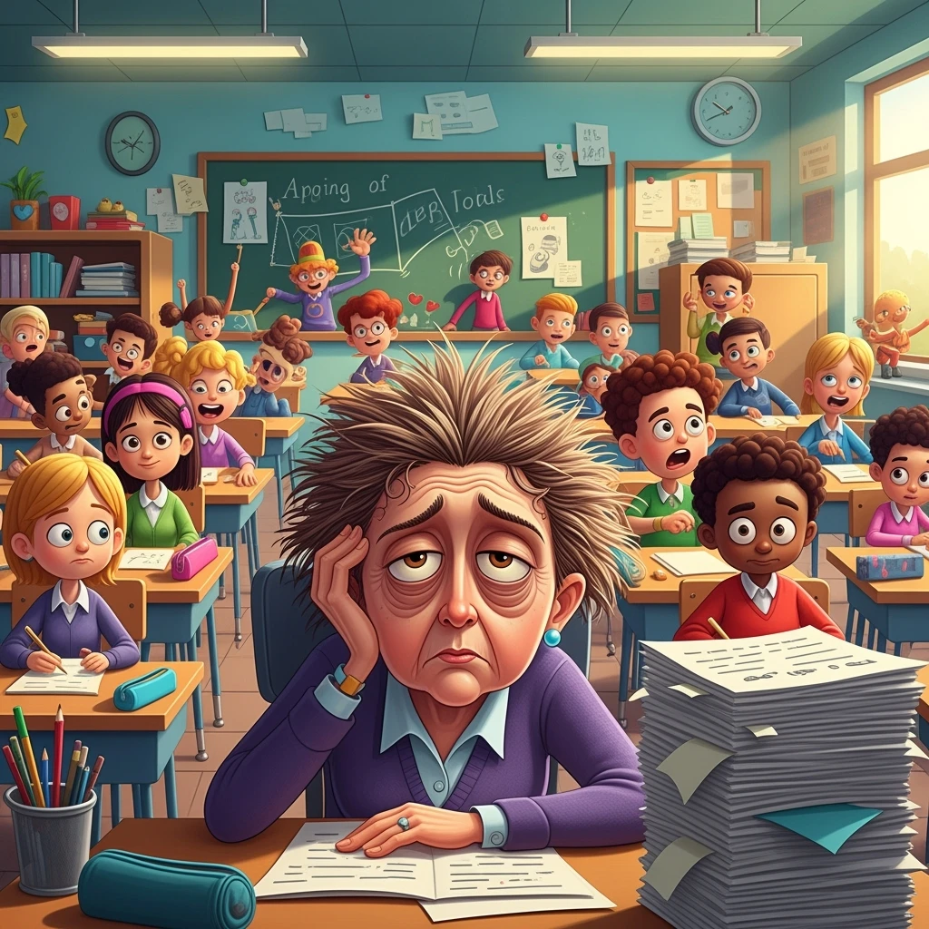 digital cartoon art of a exhausted teacher in a bustling classroom emoji