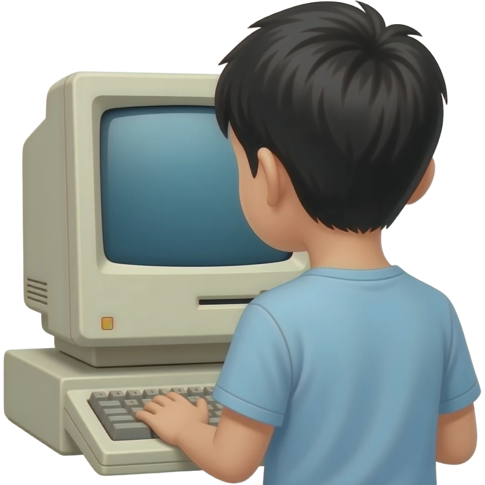一个中国小男孩背对着一台 apple II 台式机在使用电脑 emoji