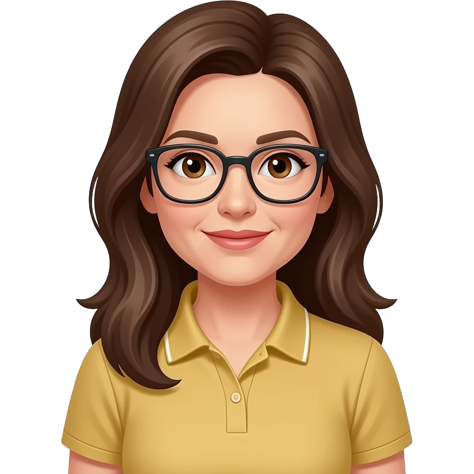 woman, 40 years old, long brown hair, wearing a gold polo, glasses, brown eyes emoji
