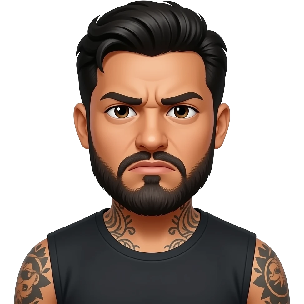 A really sad but angry because he found out she was cheating on him with a bald, headed red bearded guy, andthey are always arguingLatino couple man has a beard, medium hair and tattoos and his wife is beautiful with hazel eyes and shoulder length brown hair and their relationship is broken emoji