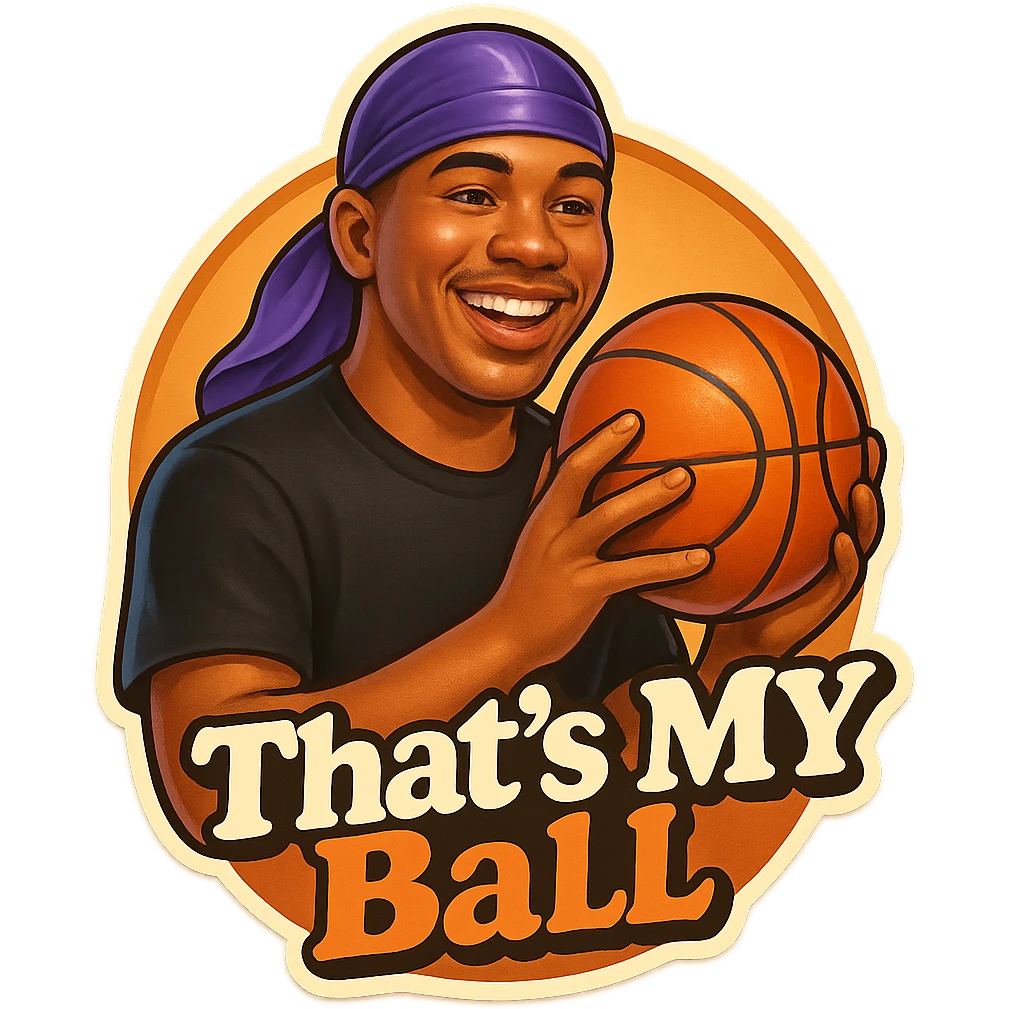happy 
Holding Basketball with 2 hands
make his shirt Black
Change His durag To Purple
Make it say " That's My Ball  " emoji