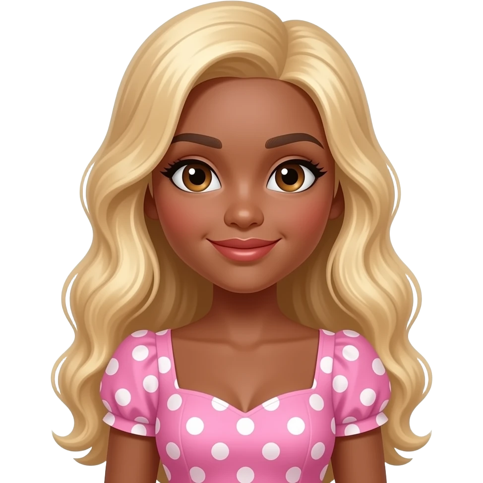 Dark brown eyebrows,Bo peep girl, Dark brown skin, Doll shaped face, doll eyes, pink, wavy with side part longer blonde hair, sexy pink Bo peep dress with  white polka dots emoji