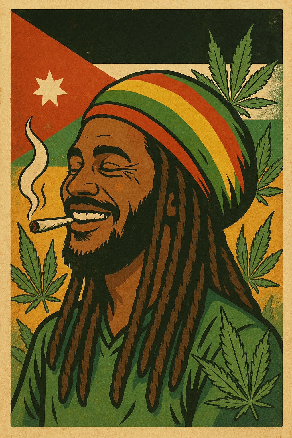 A digital vintage-style poster illustration of a Jordanian Rasta man with dreadlocks, wearing a red, yellow, green striped tam hat. He is smiling peacefully with a lit herbal spliff in his mouth. The background features the official Jordan flag — black, white, green horizontal stripes with a red triangle and a white 7-point star — accurately displayed behind him. Cannabis leaves are tastefully arranged around the composition, and the poster includes Rasta color textures blended with the Jordanian palette. Use a retro poster style with warm, slightly aged textures, bold outlines, and soft shading to evoke a soulful reggae vibe that honors both Jordanian pride and Rasta spirit. The mood is chill, powerful, and respectful emoji