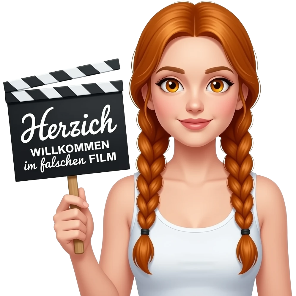 sexy girl with long ginger braids and ginger eyes wearing a white tanktop is holding a black sign with Herzlich WILLKOMMEN im falschen FILM written on it emoji