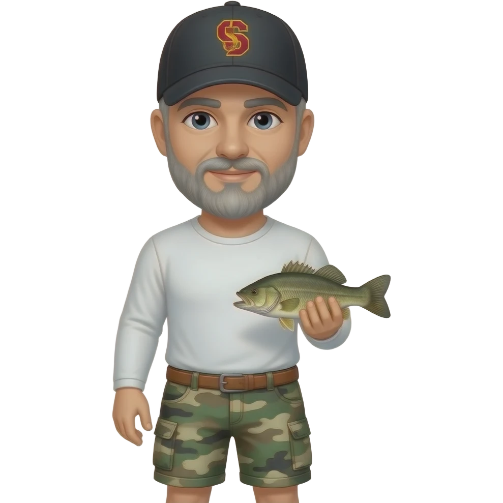 an adult man with a gray beard with a white long sleeve T-shirt, and camouflage carpenter shorts and black baseball hat with USC in burgundy holding a bass fish emoji