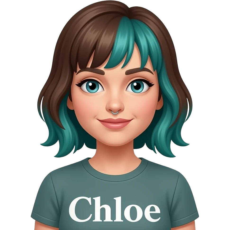 Make an emoji of a woman with brown hair and a teal streak of dyed hair a ring around her right nostril she is very pretty and she has a shirt that says Chloe emoji