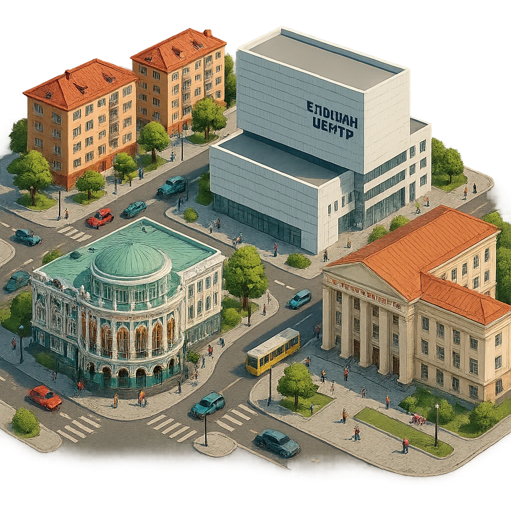 Изометричная миниатюрная фотореалистичная 3D модель Екатеринбурга - Дом Севастьянова, Ельцин-центр, Уральский федеральный университет, дома, четкая детализация, яркие цвета, мультяшный реализм, люди, автотранспорт, компактная композиция, вид сверху в изометрии, прозрачный фон emoji