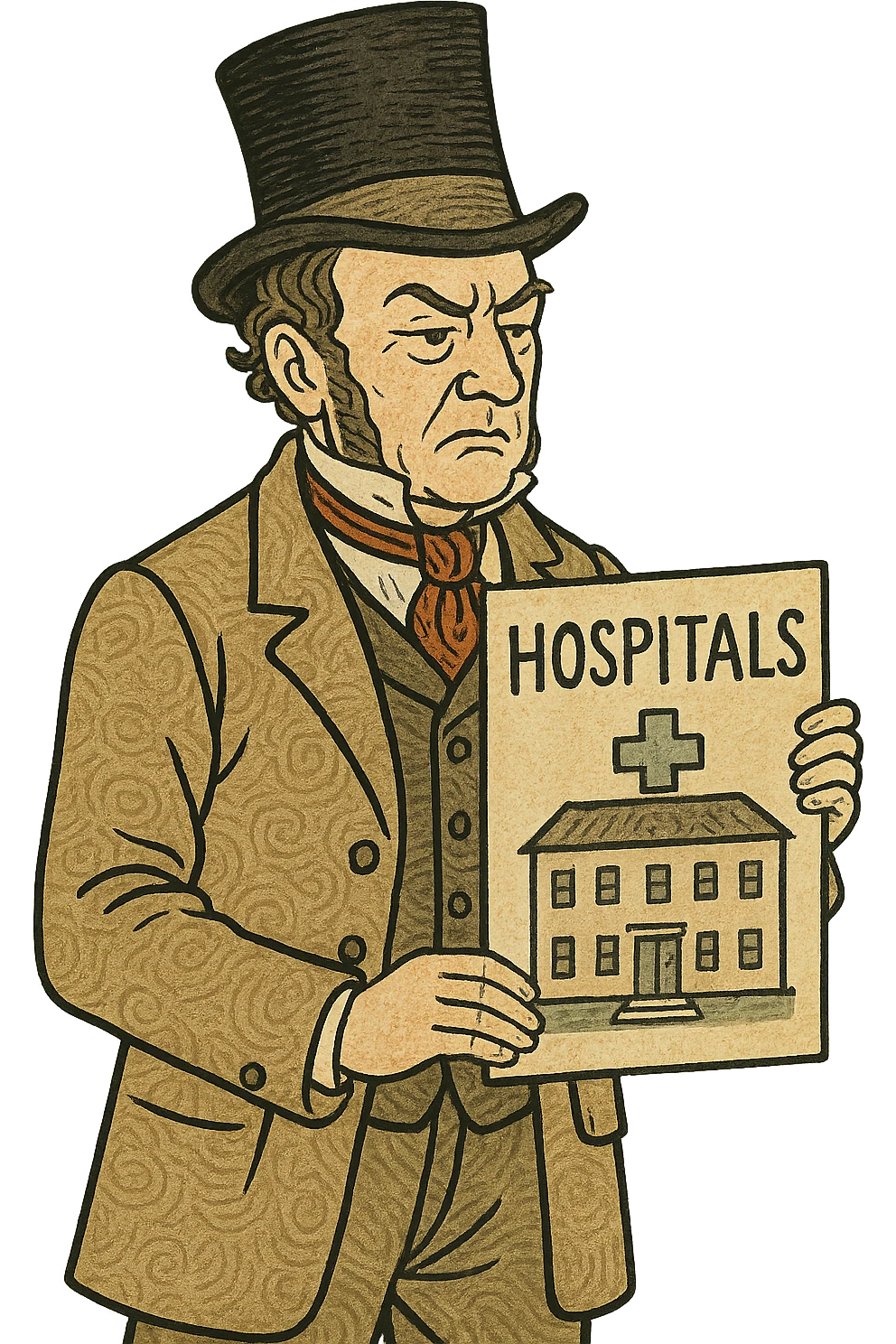 A VICTORIAN politician holding a poster about hospitals emoji
