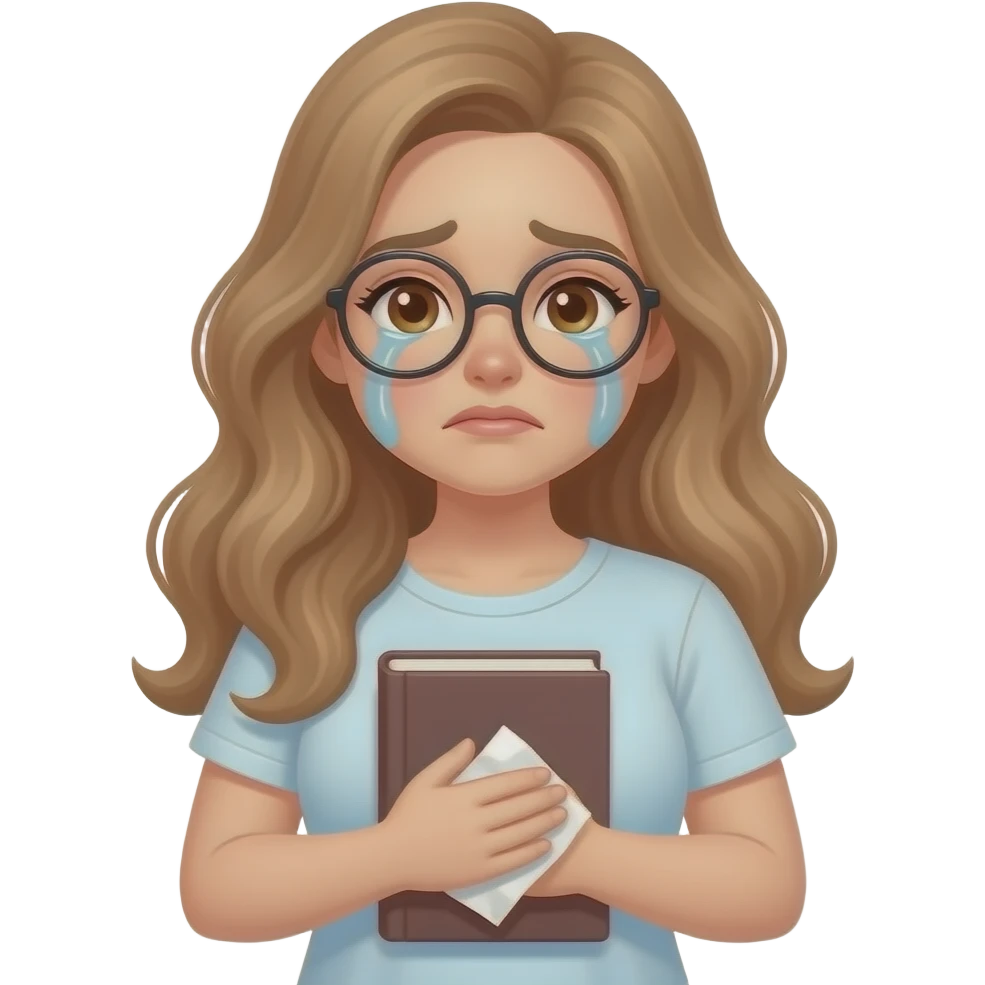 detailed emoji illustration of a curvy woman with long light brown wavy hair, light brown eyes and round glasses crying while holding a closed book to her chest and a tissu on her hands, emotional ending vibe, cute emoji style emoji