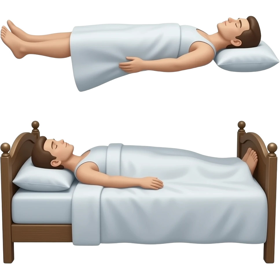 Persona levitando acostada en una cama como si fuera espíritu emoji