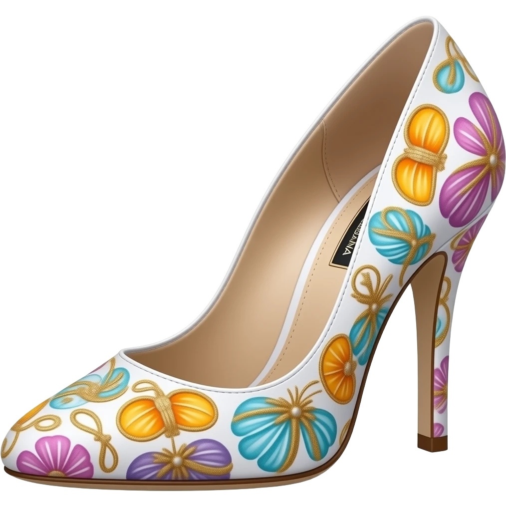 Dolce and Gabbana white high heels with colourful lavender light blue orange pink summer print and golden detais 2023 emoji