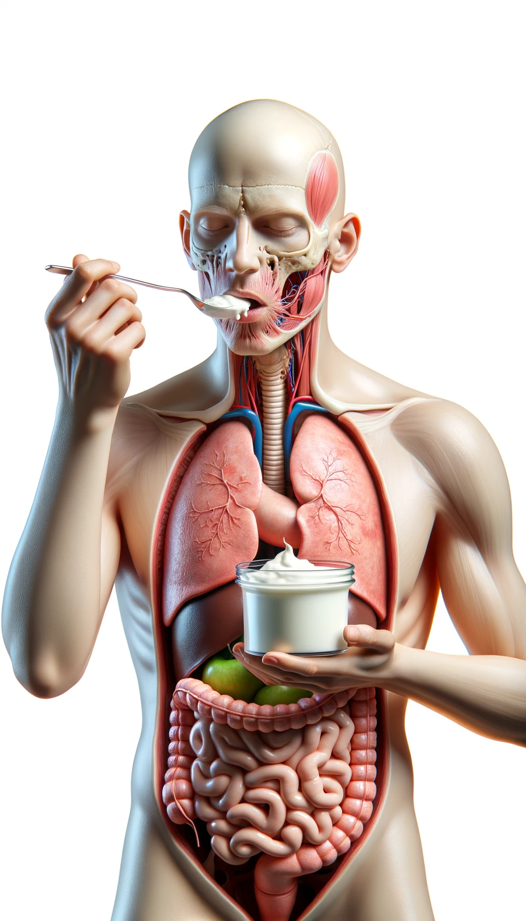 corpo umano anatomico con intestino in evidenza mentre mangia uno yogurt con espressione neutra in volto, iperrealistico 4k, isolato su sfondo bianco emoji