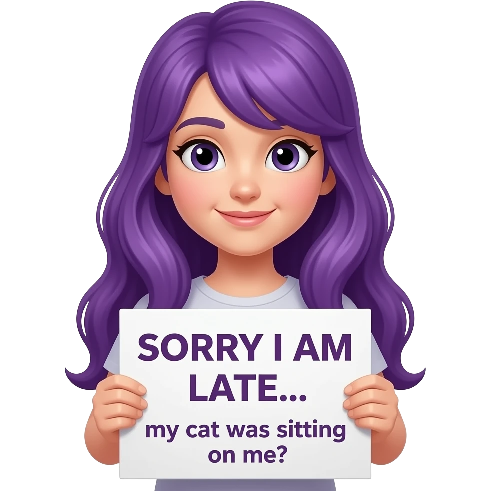 girl with long purple hair with a SORRY I AM LATE... my cat was sitting on me sign emoji