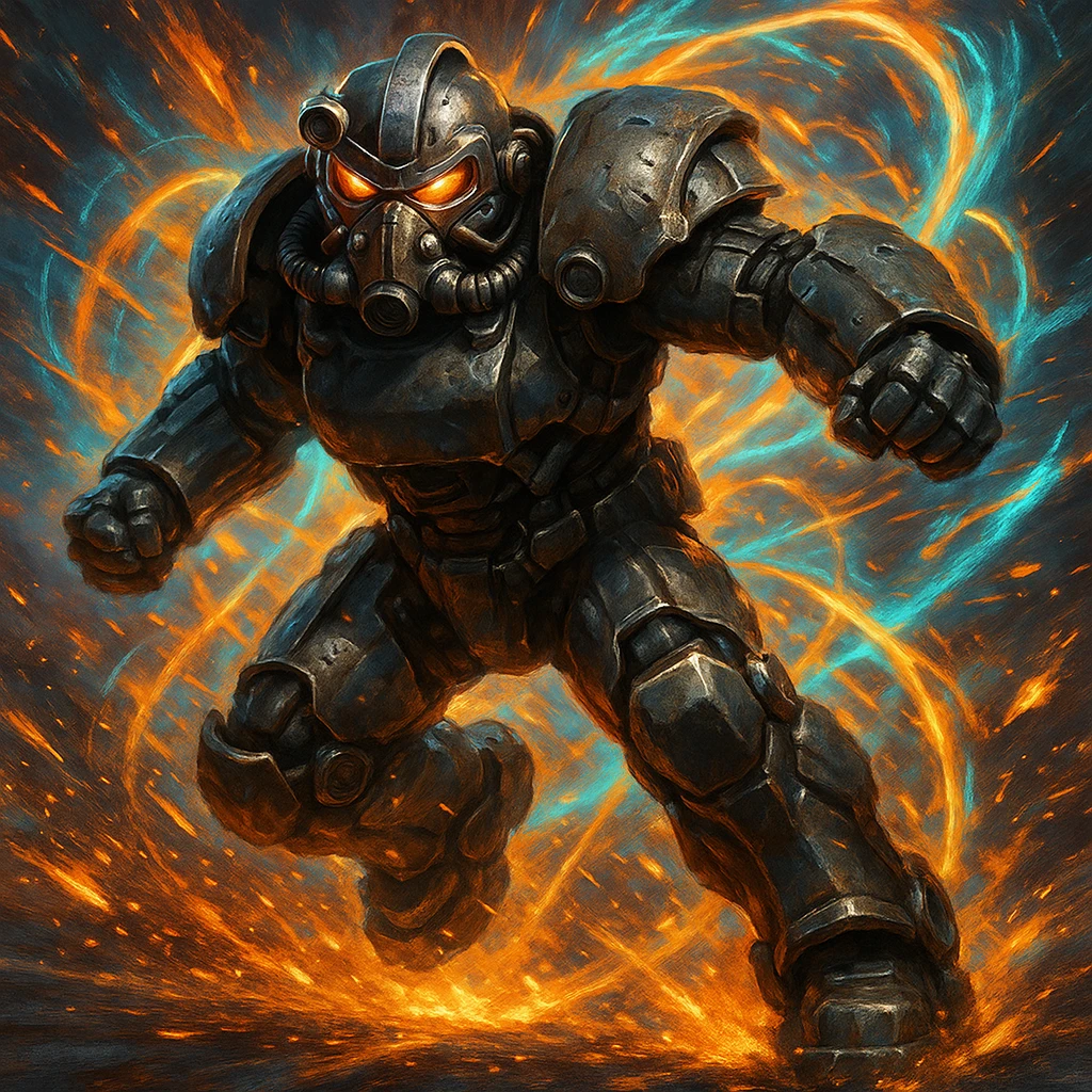 X-01 power armor, action pose, dynamic, sparks, energy effects emoji