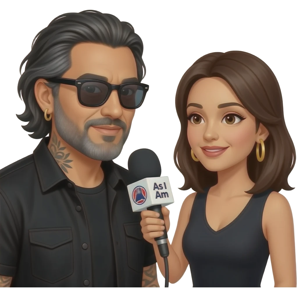 A podcast host, a handsome Latino man with medium hair, a graying beard, tattoos, hoops in his nose and ear, all in black with sunglasses, interviews a woman in front of a microphone with a logo reading "As I Am." emoji