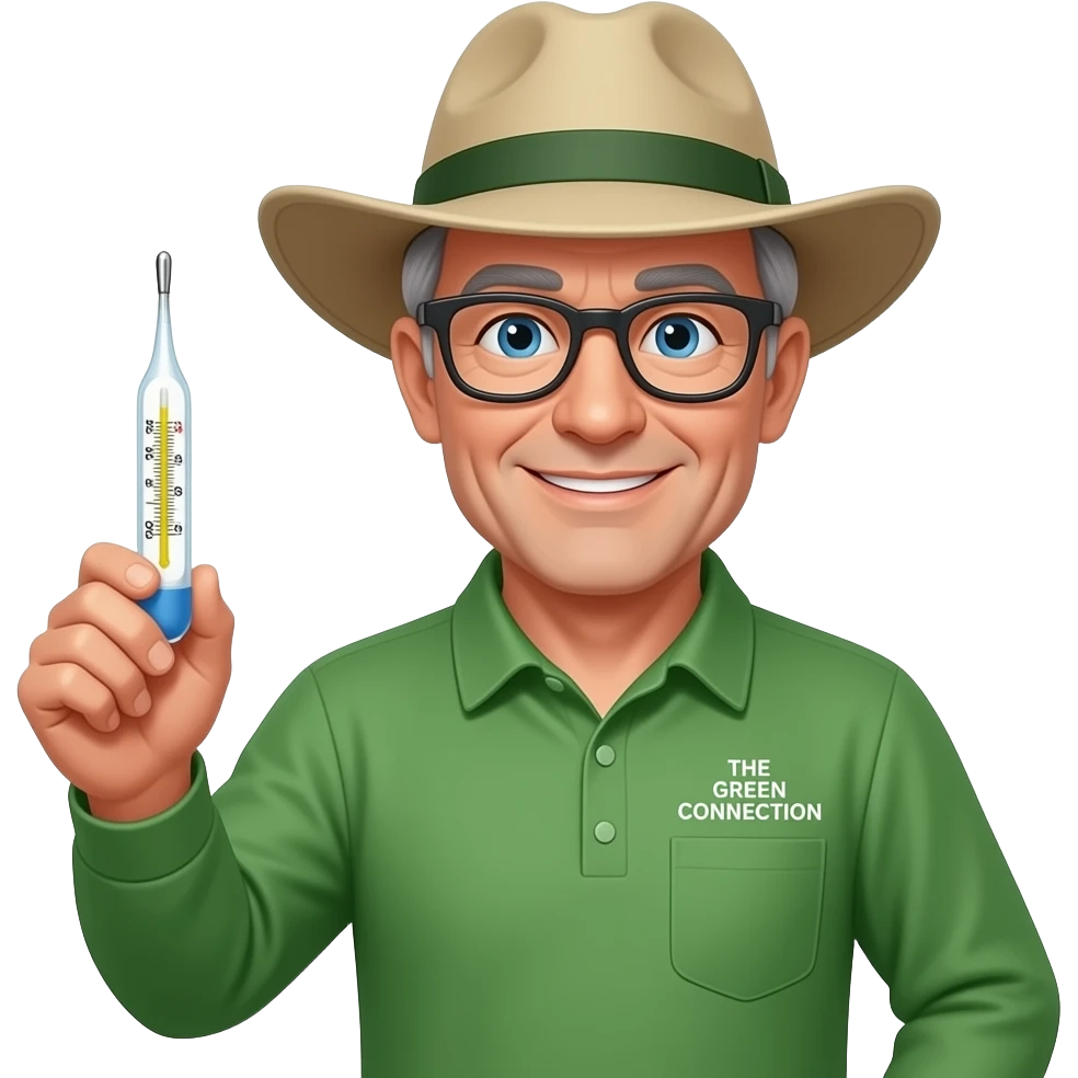 middle aged man with blue friendly eyes and drak rim glasses in a green collared long sleeve shirt with an australian wide brim akubra hat holding a slightly larger medical thermometre indicating high, med or low RISK and the words 'THE GREEN CONNECTION' written in white on his top shirt pocket emoji
