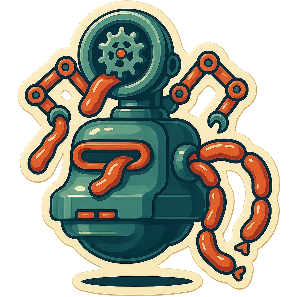 sausage-processing droid. retro-futuristic style. top is a large circular industrial grinder rotating gears and blades. Two robotic arms feed material into grinder. Sausage links extrude from the rear like  factory. The body is metallic, compact, and floats above the ground.no legs. Dark humor emoji