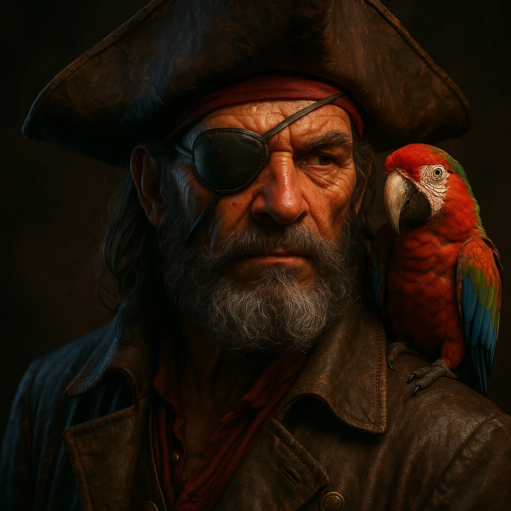 3d digital art of a pirate with eye patch and parrot in emoji