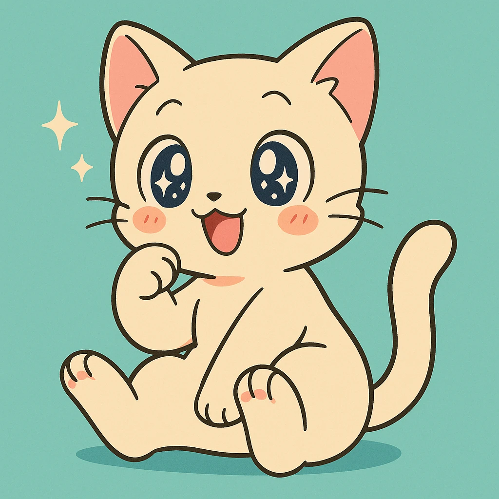 baby cat in 1999 anime style, soft shading, sparkly eyes, cute pose emoji