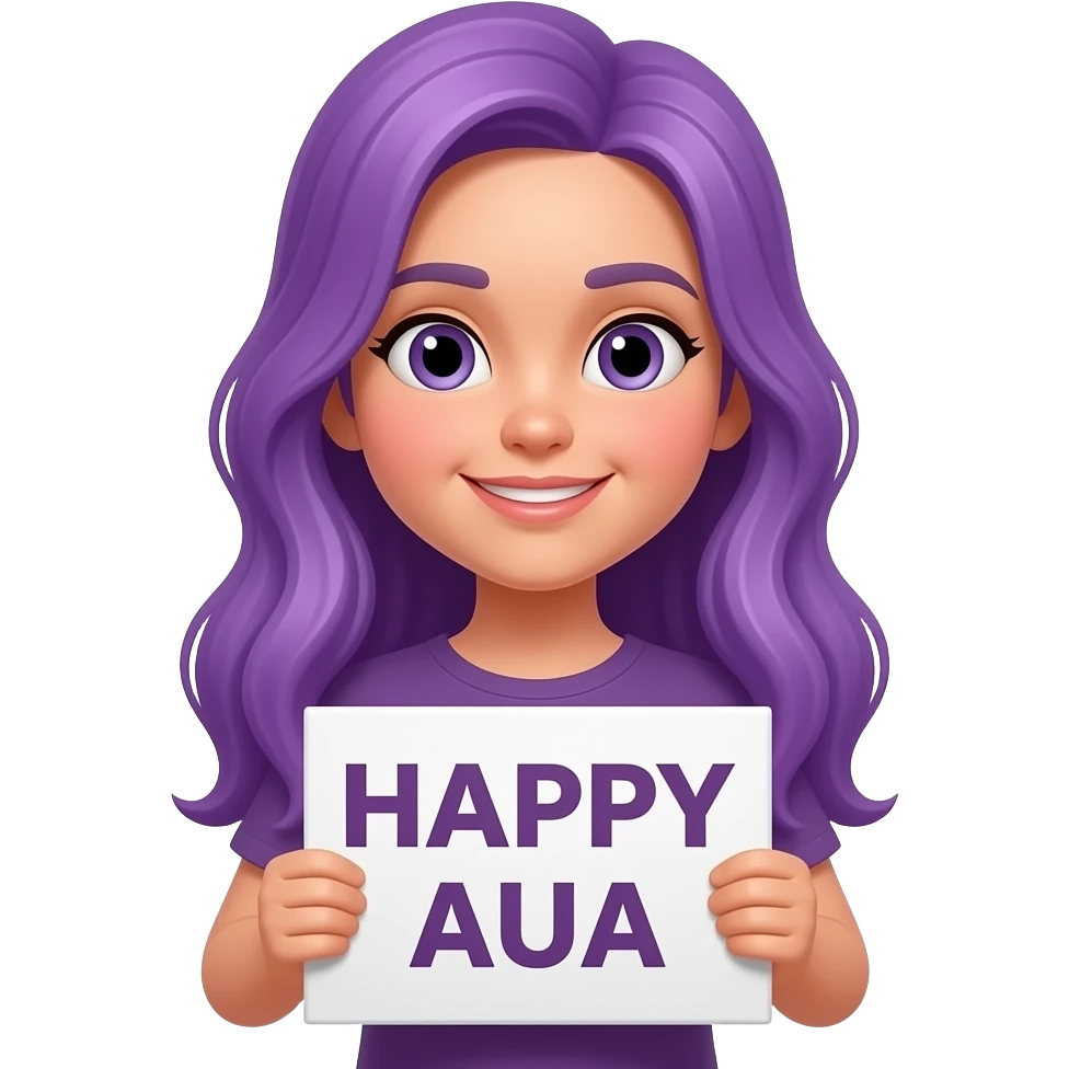 girl with long purple hair holding a HAPPY AUA sign emoji